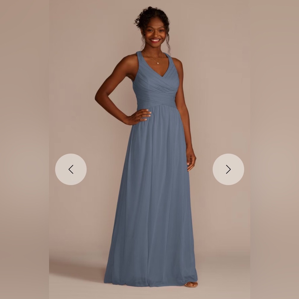 David’s Bridal Steel Blue Mesh Long Dress Crisscross Back STYLE# W10974 Size 18